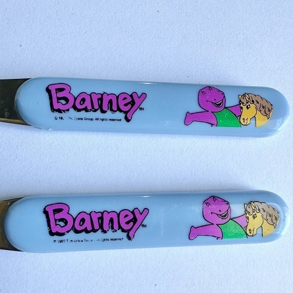 Vintage Barney 1997 Child Fork Spoon Set Utensils Yellow Horse Stainless Steel - Picture 2 of 7